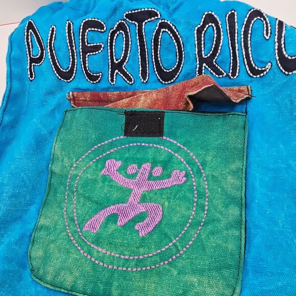 Handcrafted Puerto Rico Drawstring Backpack In Blue & Green With Embroidered Sym - Picture 3 of 7